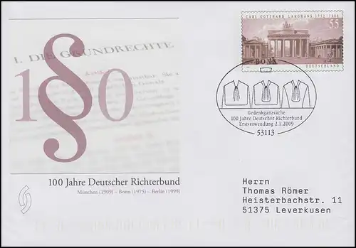 USo 174 Deutscher Richterbund, FDC Erstverwendung Bonn Richterroben 2.1.2009
