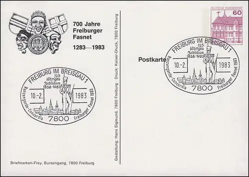 Privatpostkarte PP 106 Freiburger Fasnet SSt FREIBURG / BREISGAU 10.2.1983