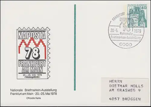 Carte postale privée PP 100 Exposition NAPOSTA 78 SSt FRANKFURT / MAIN 20.5.1978