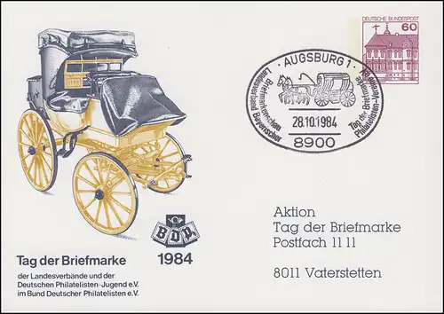 Privatpostkarte PP 106/164b Tag der Briefmarke SSt AUGSBURG 28.10.1984