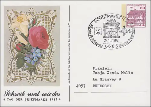 Carte postale privée PP 106/98 Journée du timbre Fleurs SSt NAVIRE 24.10.1982