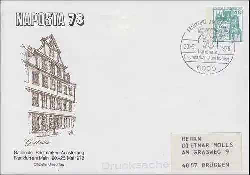 Privatumschlag PU 110/24 NAPOSTA 78 - Goethehaus SSt FRANKFURT / MAIN 20.5.1978