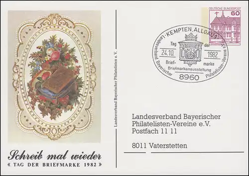 Carte postale privée PP 106/90 Journée du timbre Fleurs SSt KEMPTEN 24.10.1982
