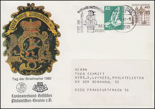 PU 111/39 Tag der Briefmarkle 1980 LV Hessen Posthausschild, BAD VILBEL 8.2.82 