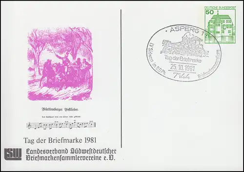 Privatpostkarte PP 104/128 Tag der Briefmarke Postlieder SSt ASPERG 25.10.1981