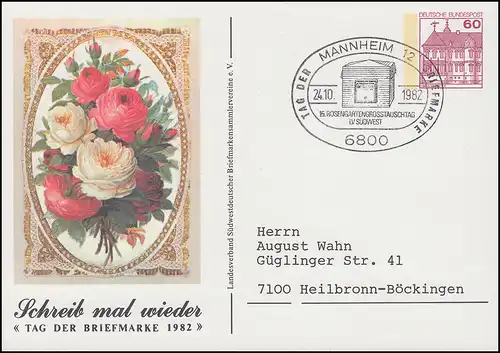 Carte postale privée PP 106/99 T.d.B. Fleurs SSt MANNHEIM 24.10.82 vers Heilbronn