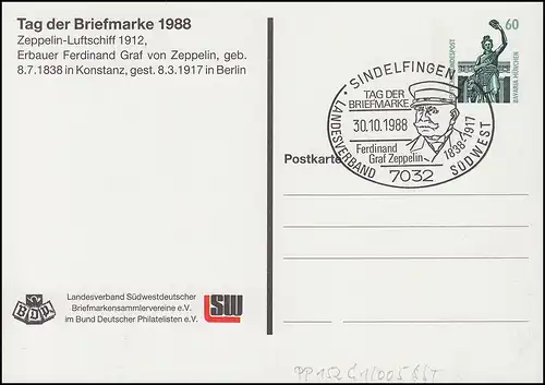 PP 151/81 T. d. Briefmarke Zeppelin-Luftschiff - mit SSt Sindelfingen 30.10.1988