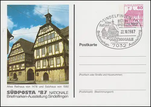 Privatpostkarte PP 106/262 SÜDPOSTA Rathaus Salzhaus, SSt SINDELFINGEN 25.10.87