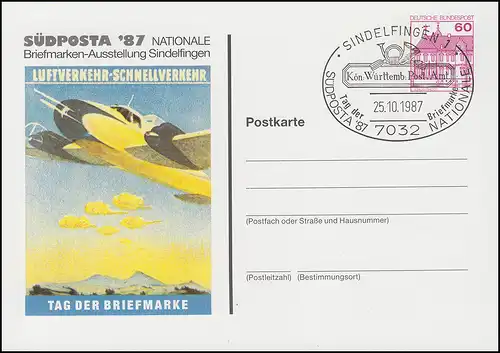 Carte postale privée PP 106/263 SUDDOSTA'87 Transport aérien, SSTERELFINGEN 25.10.1987