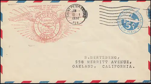 Vol commémoratif ST. PETERSBOURG AIRPORT / FLORIDA 1914-1930 le 1.10.30