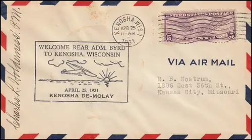 Poste de vol WELCOME REAR ADM. BYRD TO KENOSHA au départ de Kenosha / Wisconsin 25.4.1931