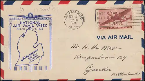 Sonderflug NATIONAL AIR MAIL WEEK  KALAMAZOO 13.11.1946 nach Gouda / Niederland
