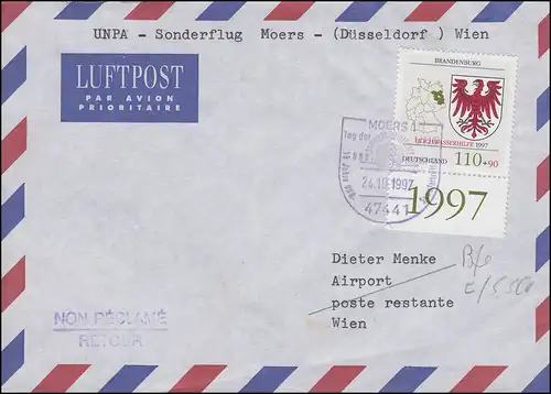 Vol spécial de l'UNPA Moers-Düsseldorf-Vienne Bf. EF 1941 SSt MOERS Journée des Nations unies 24.10.97