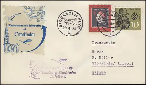 Erstflug Lufthansa LH 210 Hamburg-Stockholm Schmuck-Bf HAMBURG-FLUGHAFEN 20.4.59