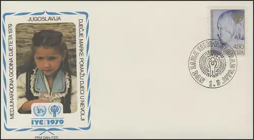 Jugoslawien: Mädchenkopf, 1 Marke auf Schmuck-FDC 1.3.79