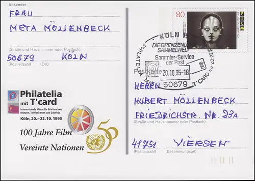 PSo 39 Philatelia Köln mit T'card UNO & 100 Jahre Film SSt Köln Sammeln 20.10.95