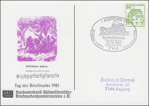 Privatpostkarte PP 104/128 Tag der Briefmarke Postlied SSt ASPERB 25.10.1981