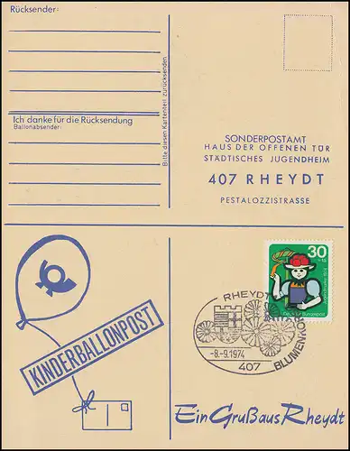 Kinderballonpost Städtisches Jugendheim Blumenwoche SSt REYDT Blumenkorso 8.9.75