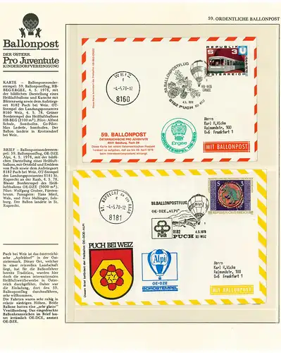 Ballonpost Pro Juventute - zwei Belege aus Sieger-Abo laut Abbildung (50419)