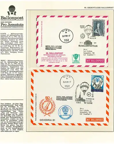 Ballonpost Pro Juventute - zwei Belege aus Sieger-Abo laut Abbildung (50432)