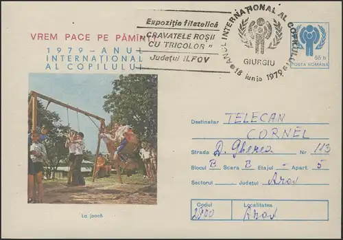 Rumänien: Schmuck-Umschlag Auf der Schaukel, SSt Giurgiu IYC-Logo 18.6.1979