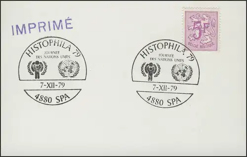 Belgien: Blanko-Karte Sonderstempel HISTOPHILA & Unifef & IYC-Logo, Spa 7.12.79