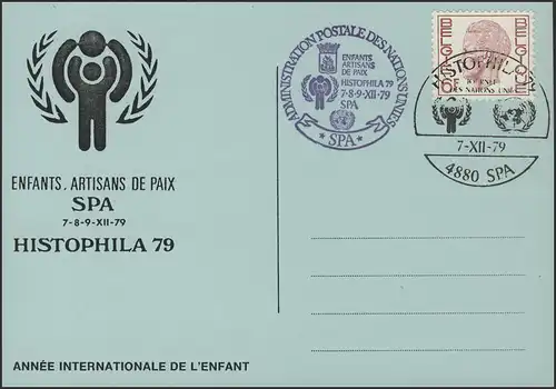 Belgique: Carte blanche Tampon spécial HISTOPHILA & IYC Logo, Spa 7.12.79