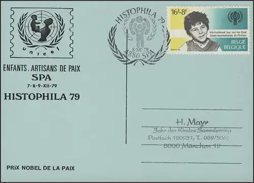 Belgien: Postkarte, SST HISTOPHILA & IYC-Logo, Spa 8.12.79 nach München