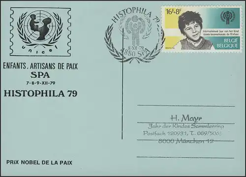 Belgique: carte postale, logo SST HISTOPHILA & IYC, spa 8.12.79 vers Munich