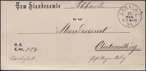 Dienstpost Standesamt ABBACH 21.3.91 nach OBERSTRAUBING 21.3.91