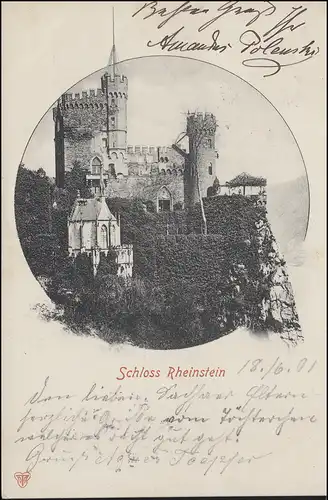 AK Schloss Rheinstein, RÜDESHEIM 18.6.01 nach BREMEN 19.6.01