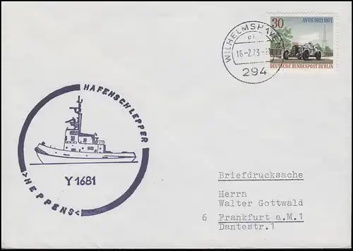 Poste de bateau remorqueur de port Y 1681 HEPPENS, EF Lettre WILHEMSHAVEN 16.2.73