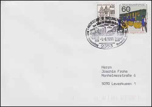 Histoire de la poste: courrier ferroviaire, lettre avec SSt Nortorf Vue de ville 1.6.1991