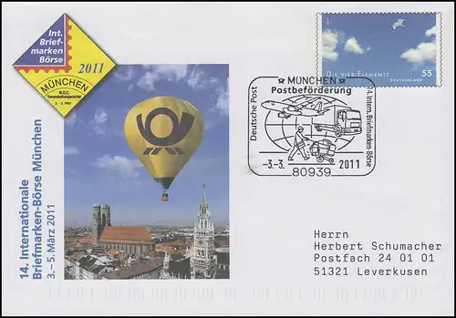 USo 232 München & Die vier Elemente Luft FDC ESSt München Postbeförderung 3.3.11