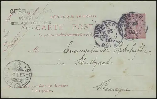 Frankreich Postkarte P 18/II Säerin 10 C. von AUDINCOURT 22.1.08 nach STUTTGART