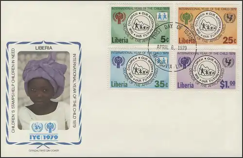 Liberia: famille devant carte du Liberia, 4 valeurs, ensemble sur le FDC de bijoux