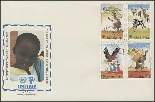 Sambia: Afrikanische Märchen, 4 Werte, Satz auf Schmuck-FDC 