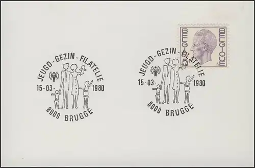 Belgique: Carte blanche avec cachet spécial Jeunesse Philatélie Famille Bugge 15.3.1980