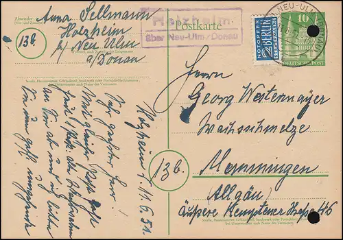 Landpost Holzheim über NEU-ULM (DONAU) 11.6.51 auf Postkarte P 7 mit Notopfer