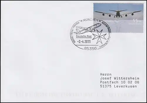 2671 Luftfahrzeug Airbus A300,EF Brief SSt München Lufthansa nach Malta 2.4.2011