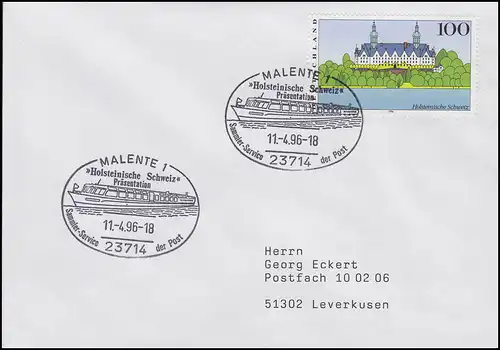 1849 Suisse Holsteinaise, EF FDC ESSt Malente Présentation & Schiff 11.4.1996