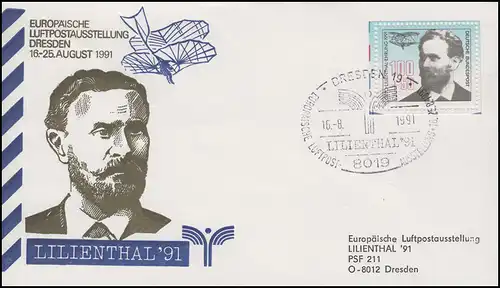 1543 Lilienthal aus Bl. 24 EF Schmuck-Bf Luftpostausstellung SSt Dresden 16.8.91