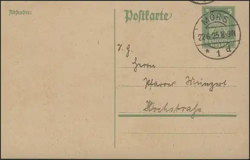 Postkarte P 156I Adler 5 Pf. grün, als Ortspostkarte MÖRS 1 d - 22.6.25