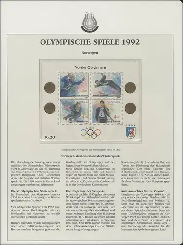 Norwegen 1992: Olympiasieger Winterspiele Oslo 1952, Block **