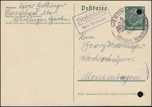 Landpost Hirschbach au sujet de Wertingen sur carte postale P 226I, SSt WERTINGEN 3.12.41