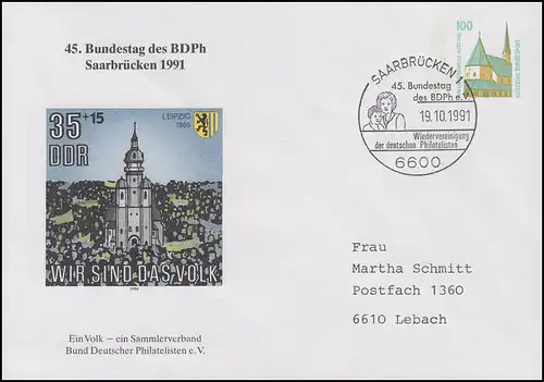 Enveloppe privée Un peuple - une association de collectionneurs SSt Sarrebruck Bundestag 19.10.91