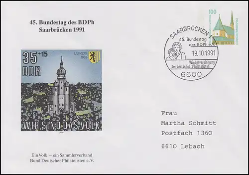 Privat-Umschlag Ein Volk - ein Sammlerverband SSt Saarbrücken Bundestag 19.10.91