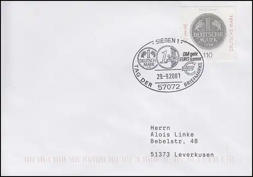 1996 Deutsche Mark, EF Brief SSt Siegen DM geht EURO kommt & T.d.B. 29.9.2001