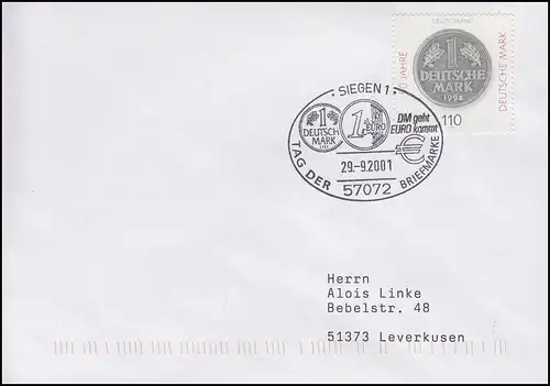 1996 Deutsche Mark, EF Brief SSt Siegen DM vient Euro & T.d.B. 29.9.2001