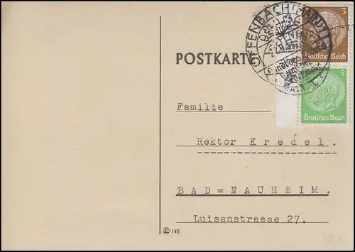 Rand-Zusammendruck S 127 Hindenburg 3+5 Pf. Postkarte SSt OFFENBACH 21.9.37
